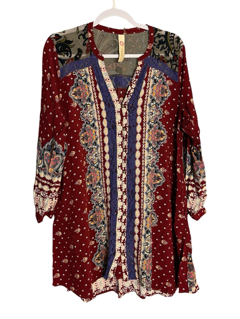 Cyrena Boho Mini Dress Tunic M Burgundy Paisley Lace Peasant Festival NWT